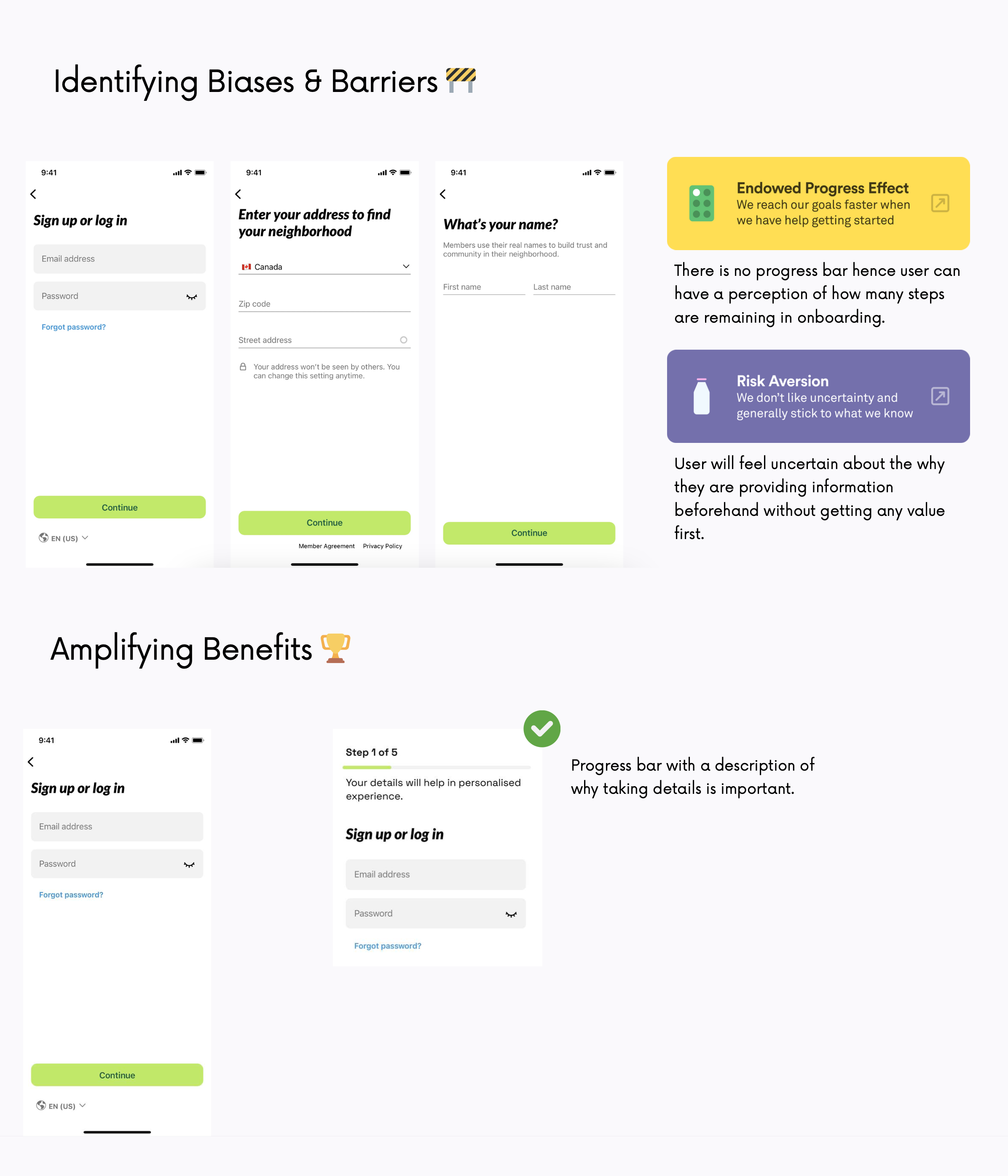Nextdoor app onboarding process showcasing identification of biases and barriers, and the redesigned process with a progress bar to enhance user engagement.